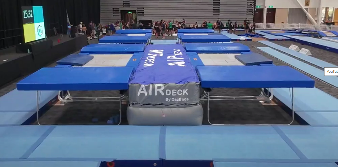 AirDeck installed between two competition trampolines in a gymnastics venue